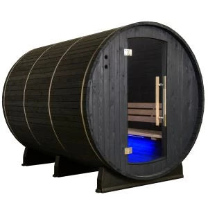 Almost Heaven Pinnacle Black barrel-shaped sauna with a blue light inside on a white background