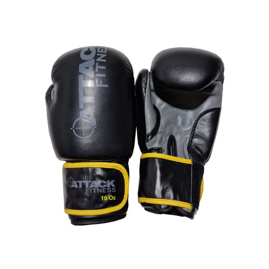 Attack Fitness Boxing Gloves - Black/Grey with Yellow Trim - Leather - 16oz