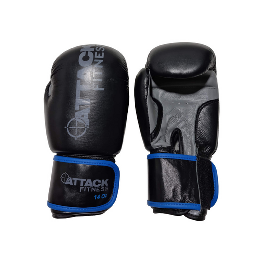 Attack Fitness Boxing Gloves - Black/Grey with Blue Trim - Leather - 14oz