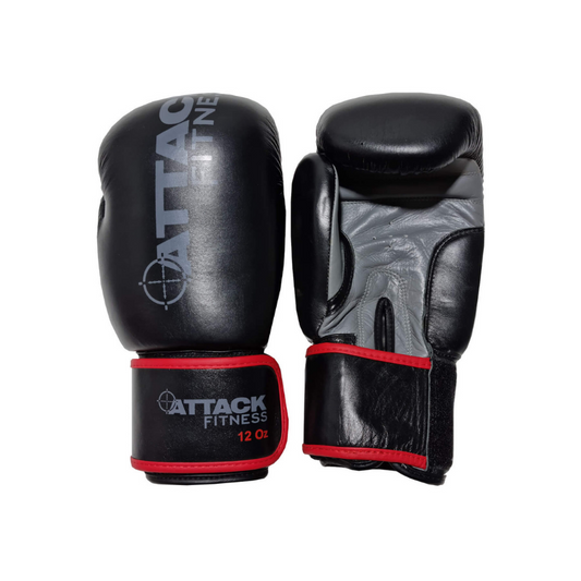 Attack Fitness Boxing Gloves - Black/Grey with Red Trim - Leather - 12oz