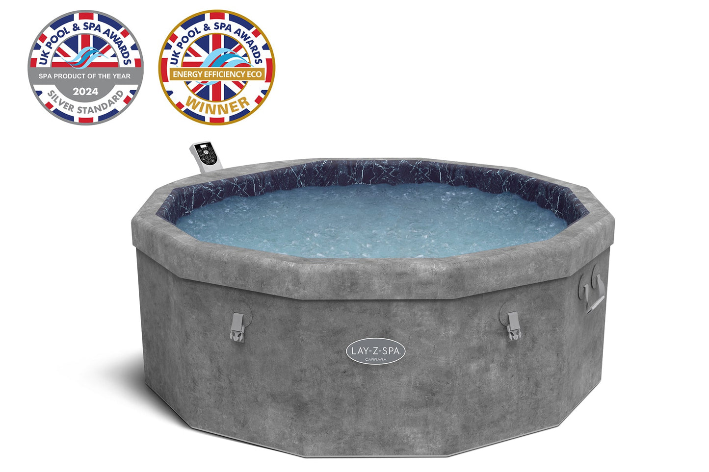 Gray inflatable hot tub with blue interior on a white background, featuring Lay-Z-Spa branding.