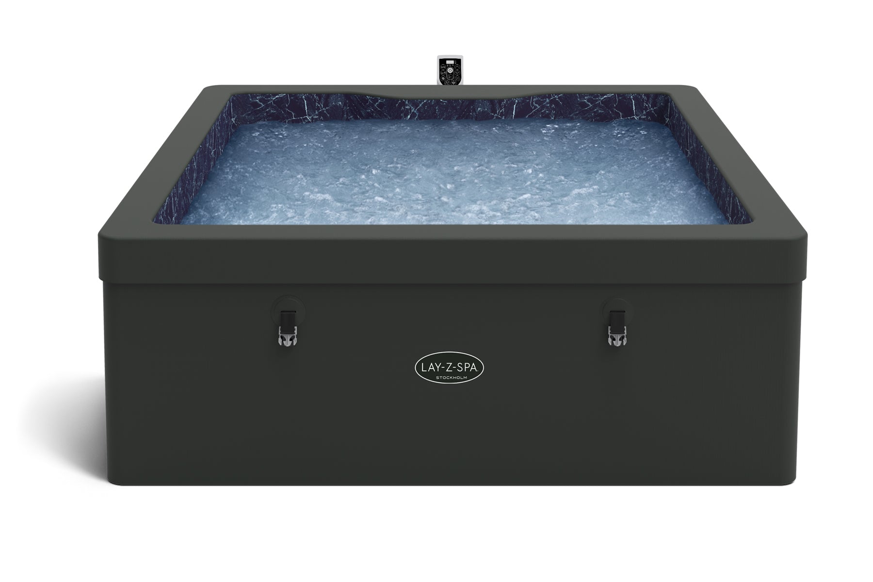 Black rectangular hot tub with blue interior water on a white background
