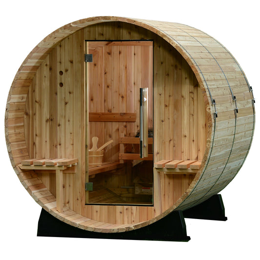 Audra Canopy Wooden barrel sauna with interior view on a white background