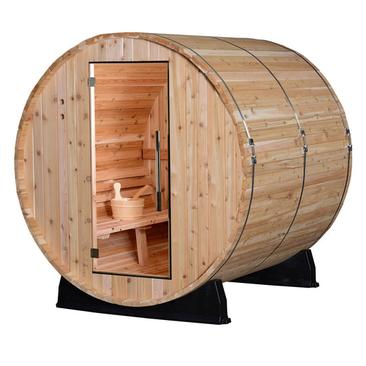 Almost Heaven Pinnacle Wooden barrel-shaped sauna with a transparent door on a white background