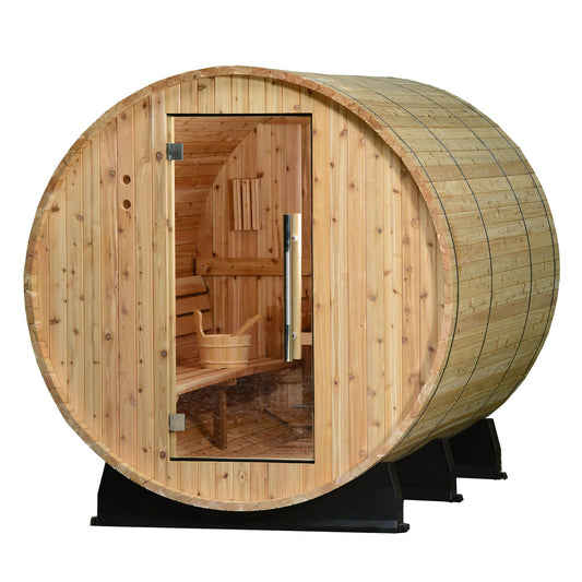 Princeton Wooden barrel sauna with glass door on a white background