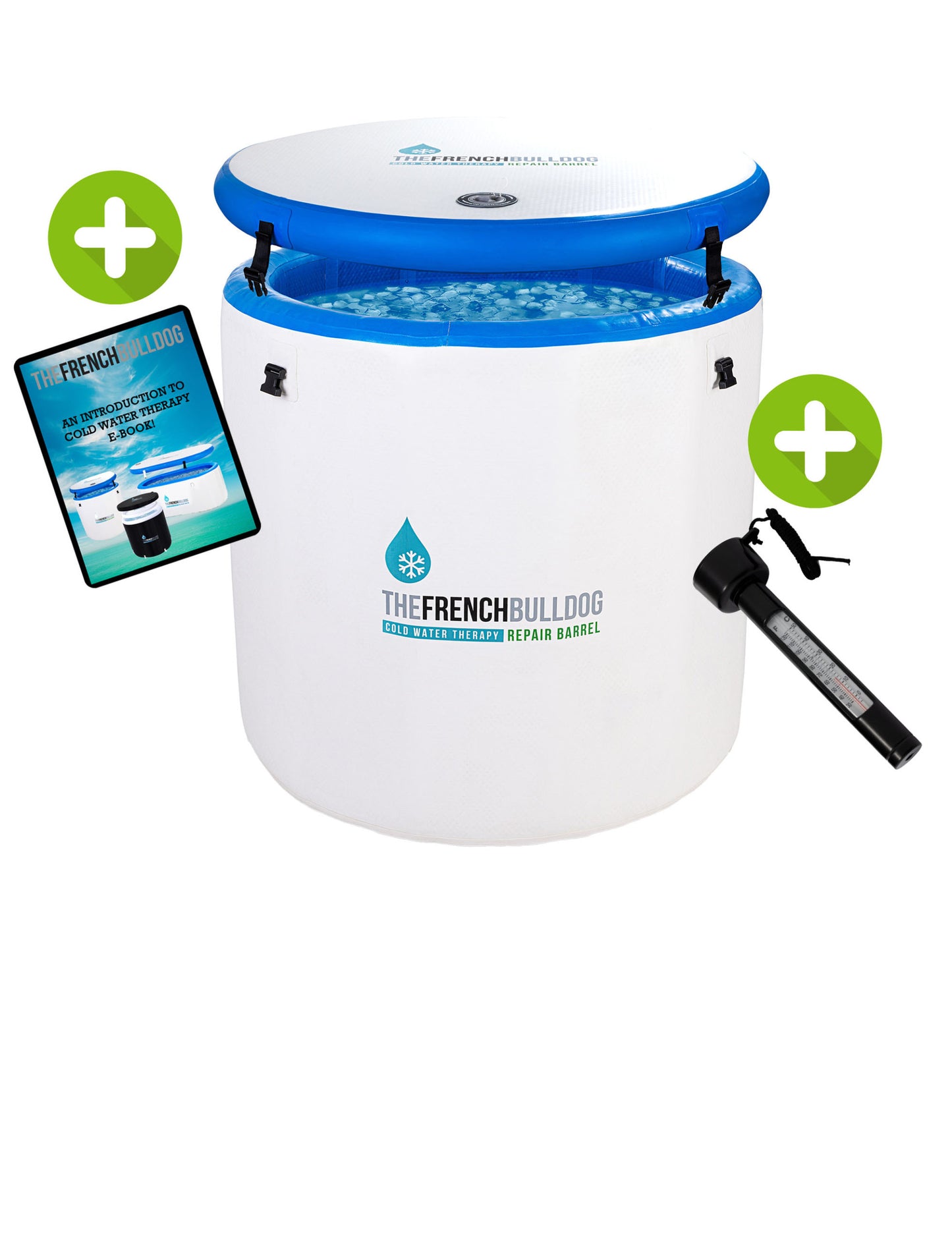 White water treatment barrel with blue top, app icon, and branding on a white background