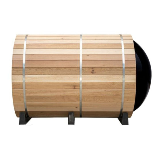 outdoor barrel sauna with glass door