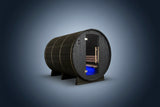 Almost Heaven Pinnacle Black barrel-shaped sauna with a blue light inside on a white background