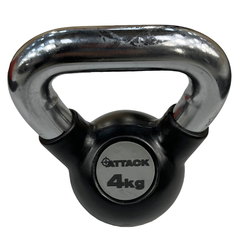 Attack Fitness Chrome Handle Rubber Kettlebell 4kg - Black