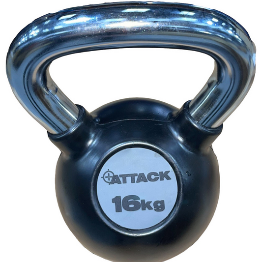 Attack Fitness Chrome Handle Rubber Kettlebell 16kg - Black