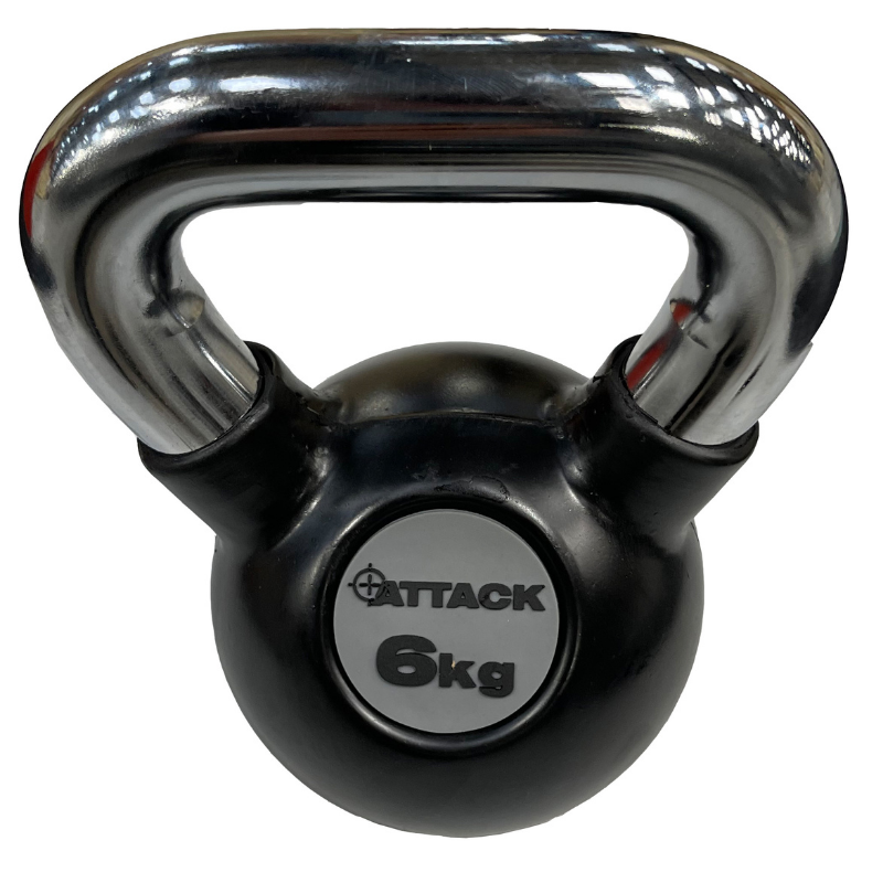 Attack Fitness Chrome Handle Rubber Kettlebell 6kg - Black