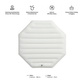 Hexagonal white inflatable pool with features listed on a white background