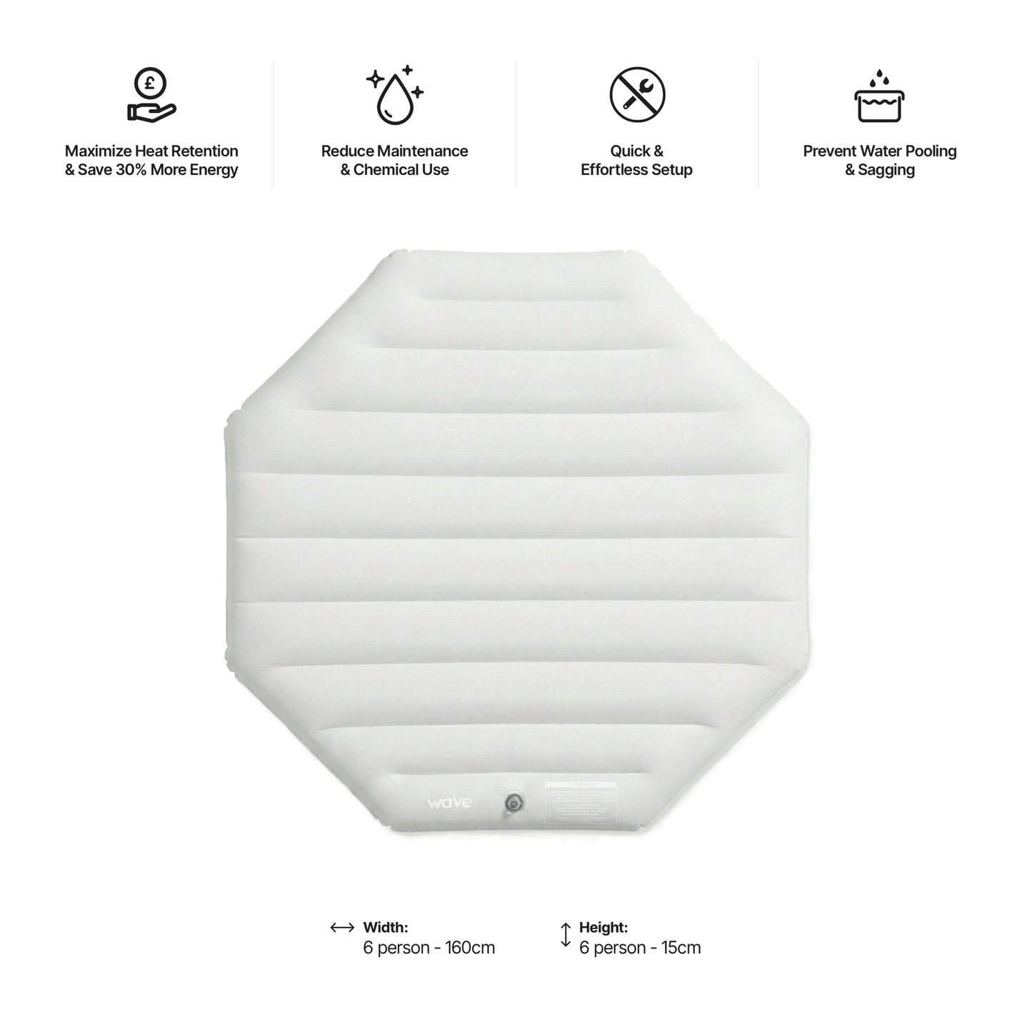 Hexagonal white inflatable pool with features listed on a white background