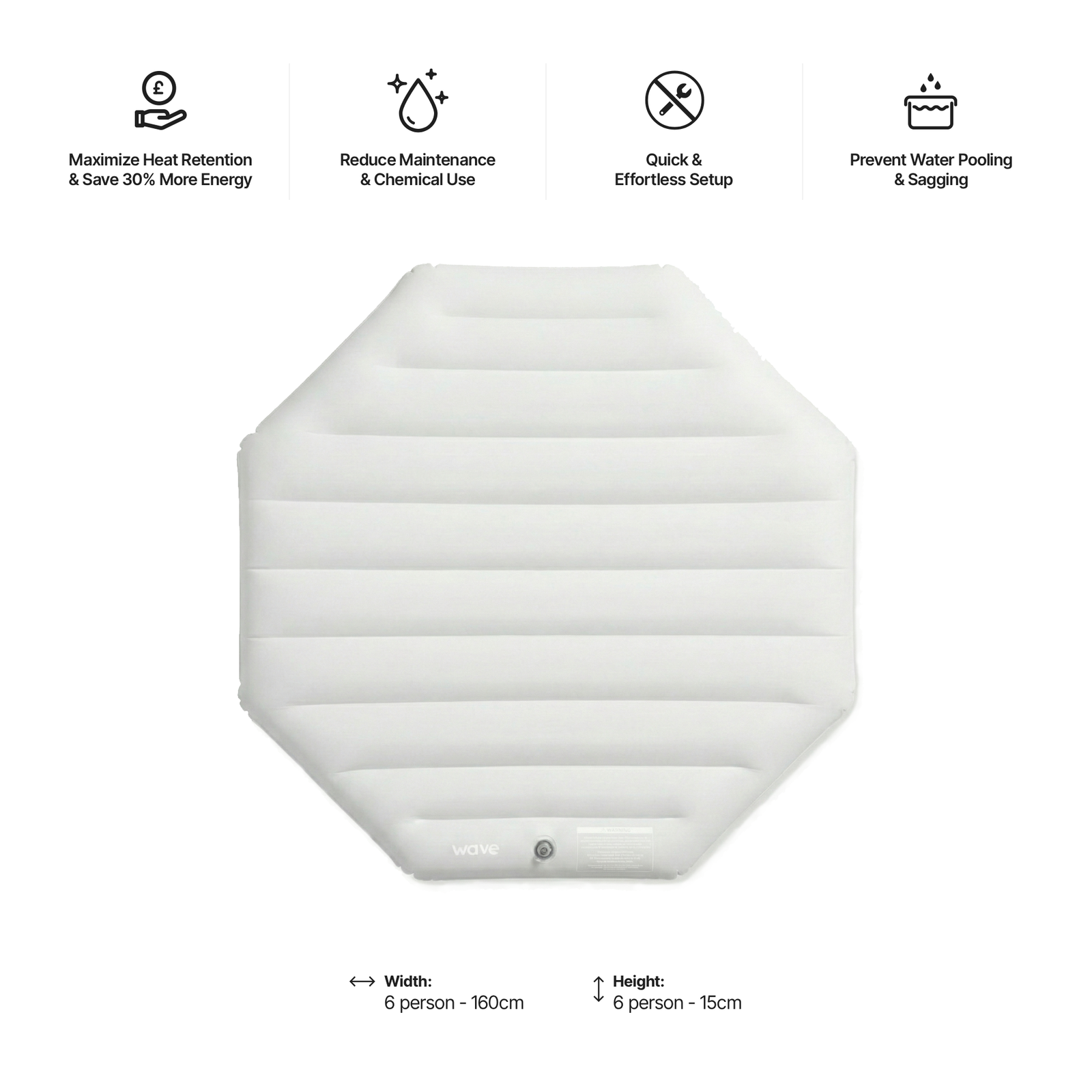 Hexagonal white inflatable pool with features listed on a white background