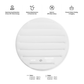 White circular product with features listed on a white background