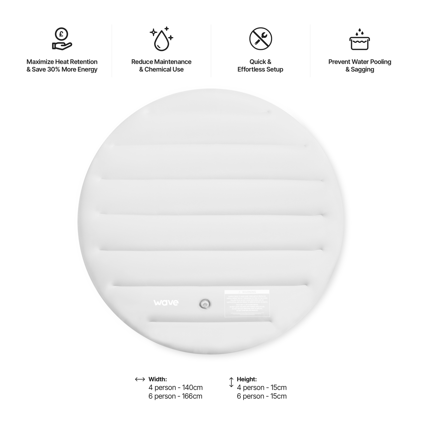 White circular product with features listed on a white background