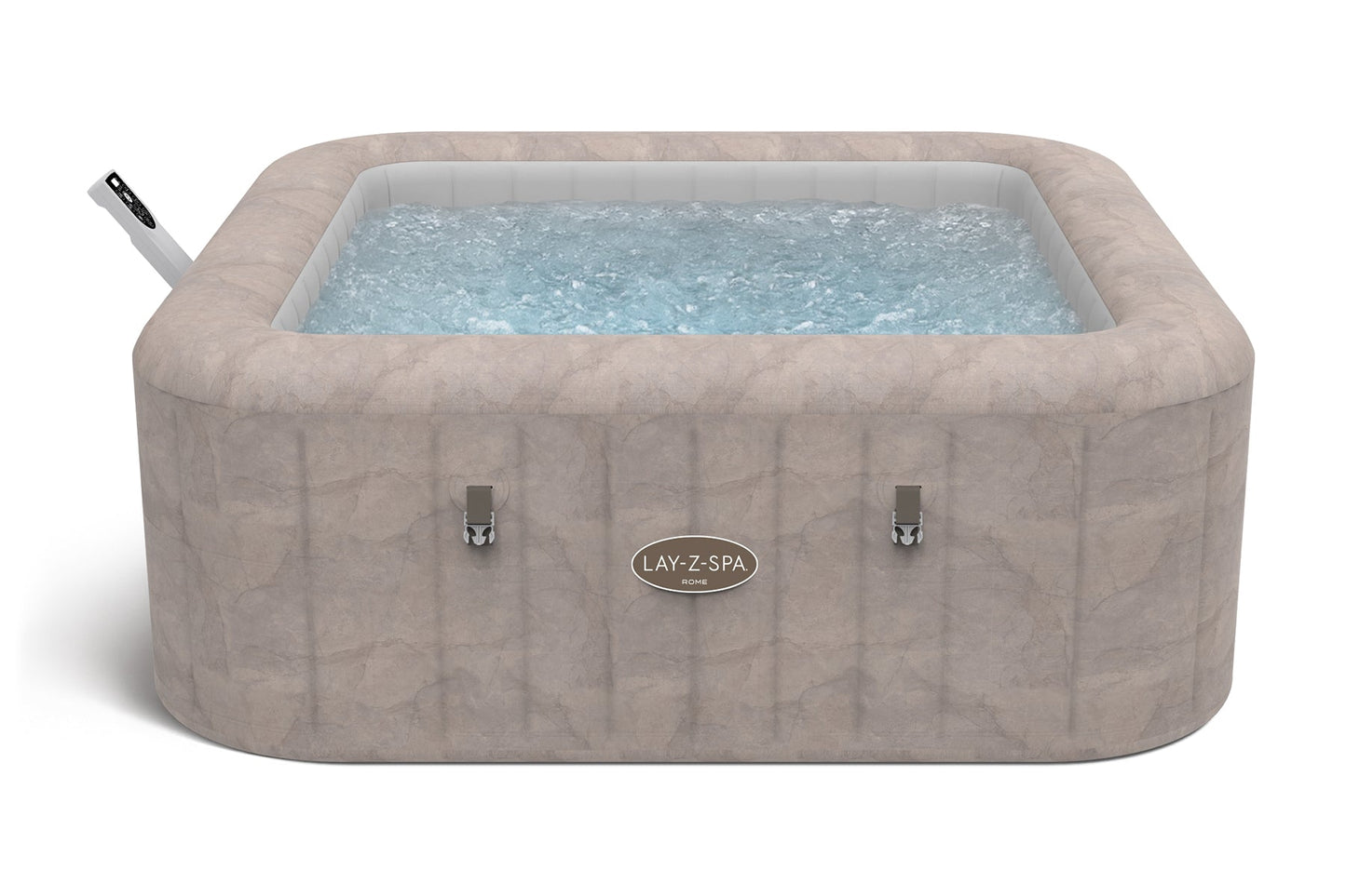 Inflatable hot tub with water and 'Lay-Z-Spa' branding on a white background