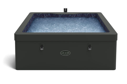 Black rectangular hot tub with blue interior water on a white background