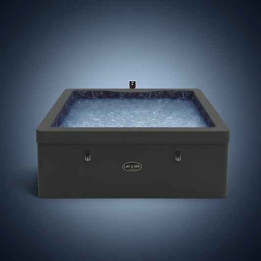 Black rectangular hot tub with blue interior water on a white background