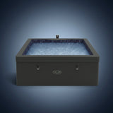 Black rectangular hot tub with blue interior water on a white background