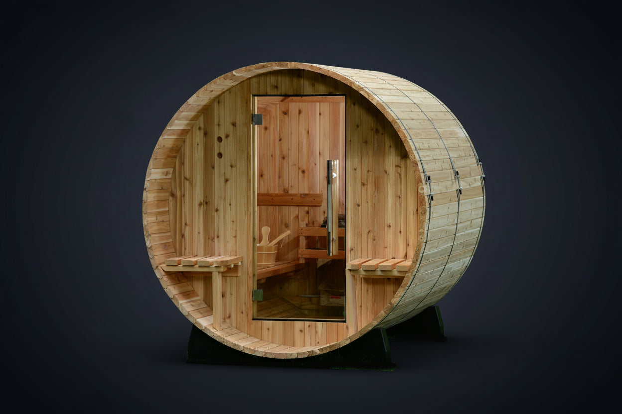 Audra Canopy Wooden barrel sauna with interior view on a white background