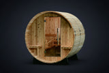 Audra Canopy Wooden barrel sauna with interior view on a white background