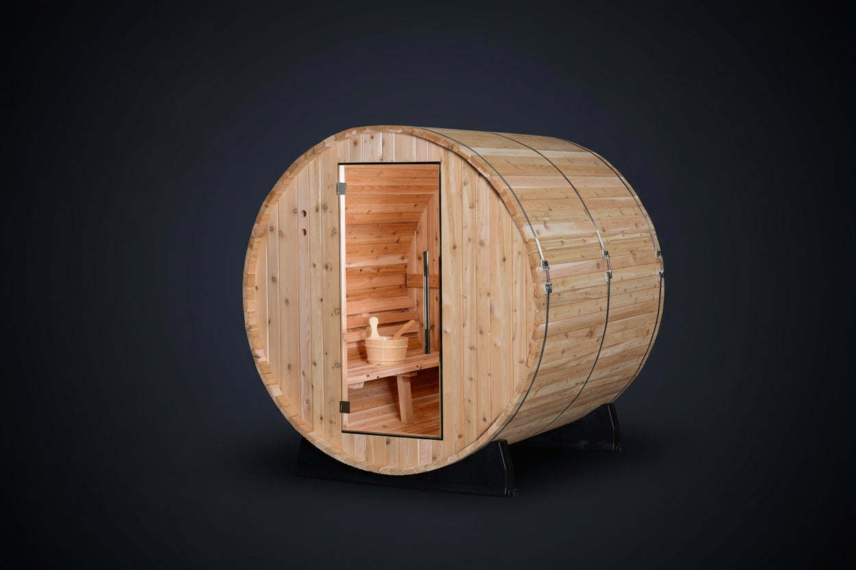 Almost Heaven Pinnacle Wooden barrel-shaped sauna with a transparent door on a white background