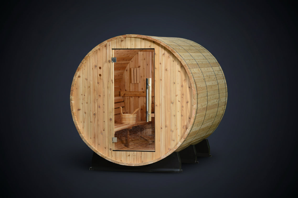 Princeton Wooden barrel sauna with glass door on a white background