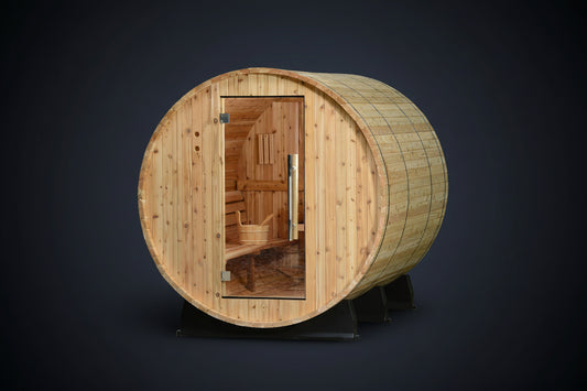 Princeton Wooden barrel sauna with glass door on a white background