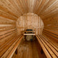 Almost Heaven Pinnacle Wooden sauna interior with benches and a central control panel.