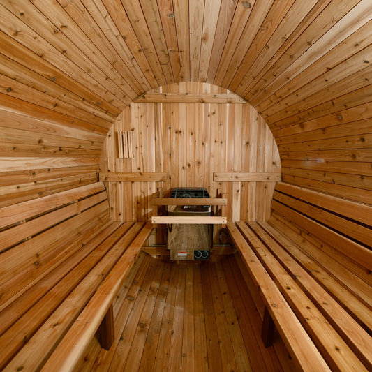 Almost Heaven Pinnacle Wooden sauna interior with benches and a central control panel.