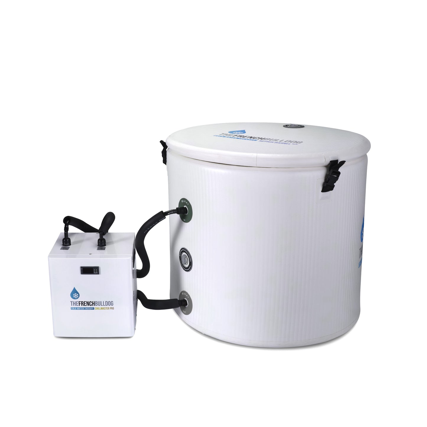 White water filtration system with a power adapter on a white background