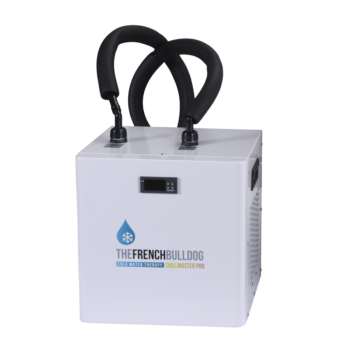 White water treatment machine with black hoses and 'The French Bulldog' logo on a white background