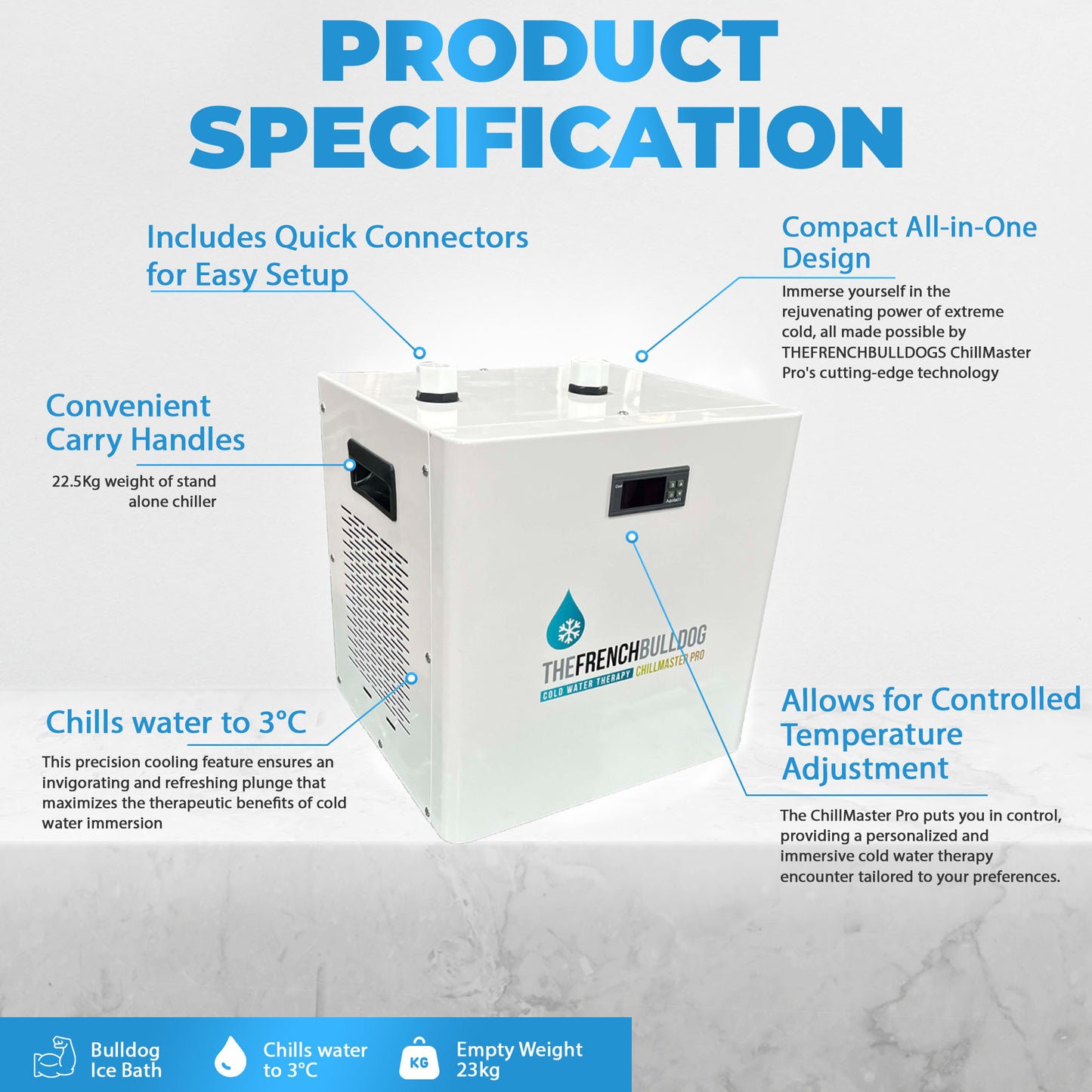 Product specification graphic for a white machine with text detailing features and specifications.