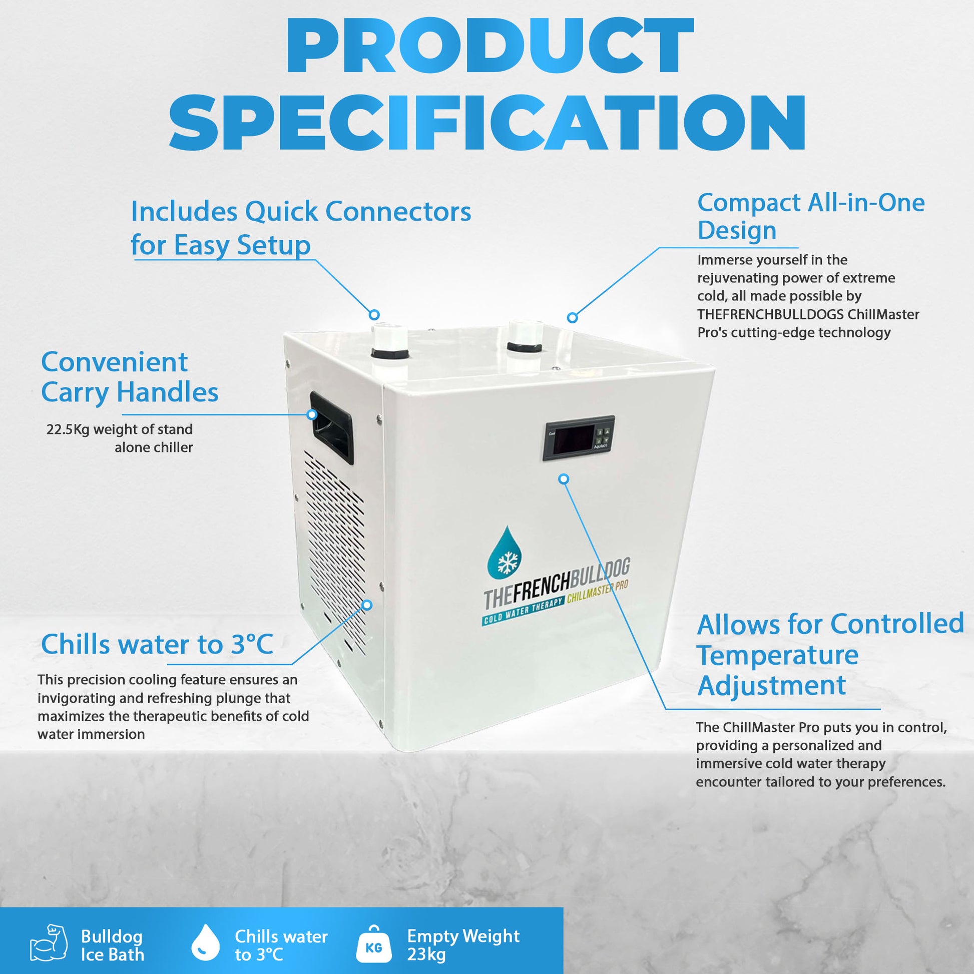 Product specification graphic for a white machine with text detailing features and specifications.