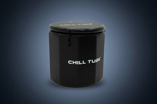 Black container with 'Chill Tubs' branding on a blue background