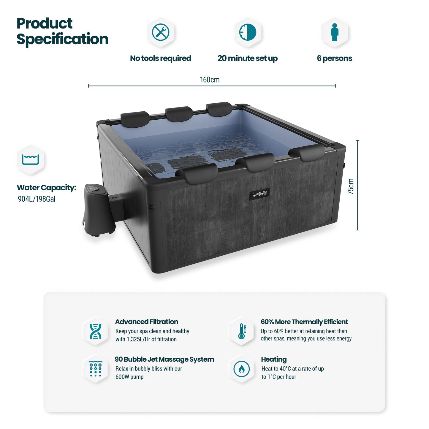 WaveSpa Adriatic | 6 Person Square Aluminium Frame Hot Tub | Black Wood