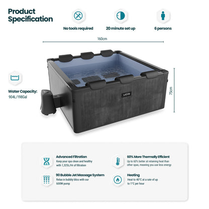 WaveSpa Adriatic | 6 Person Square Aluminium Frame Hot Tub | Black Wood