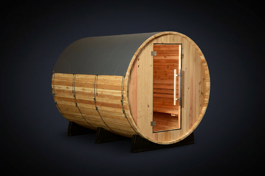 Grey Rain Jacket On Wooden barrel sauna against a brick wall