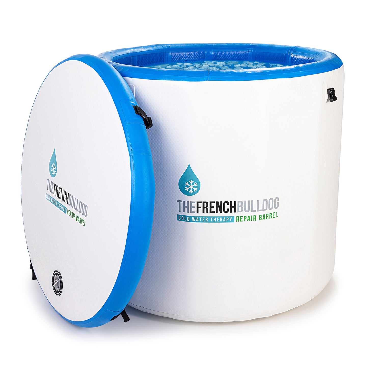 White barrel with blue rim and 'The French Bulldog' branding on a white background