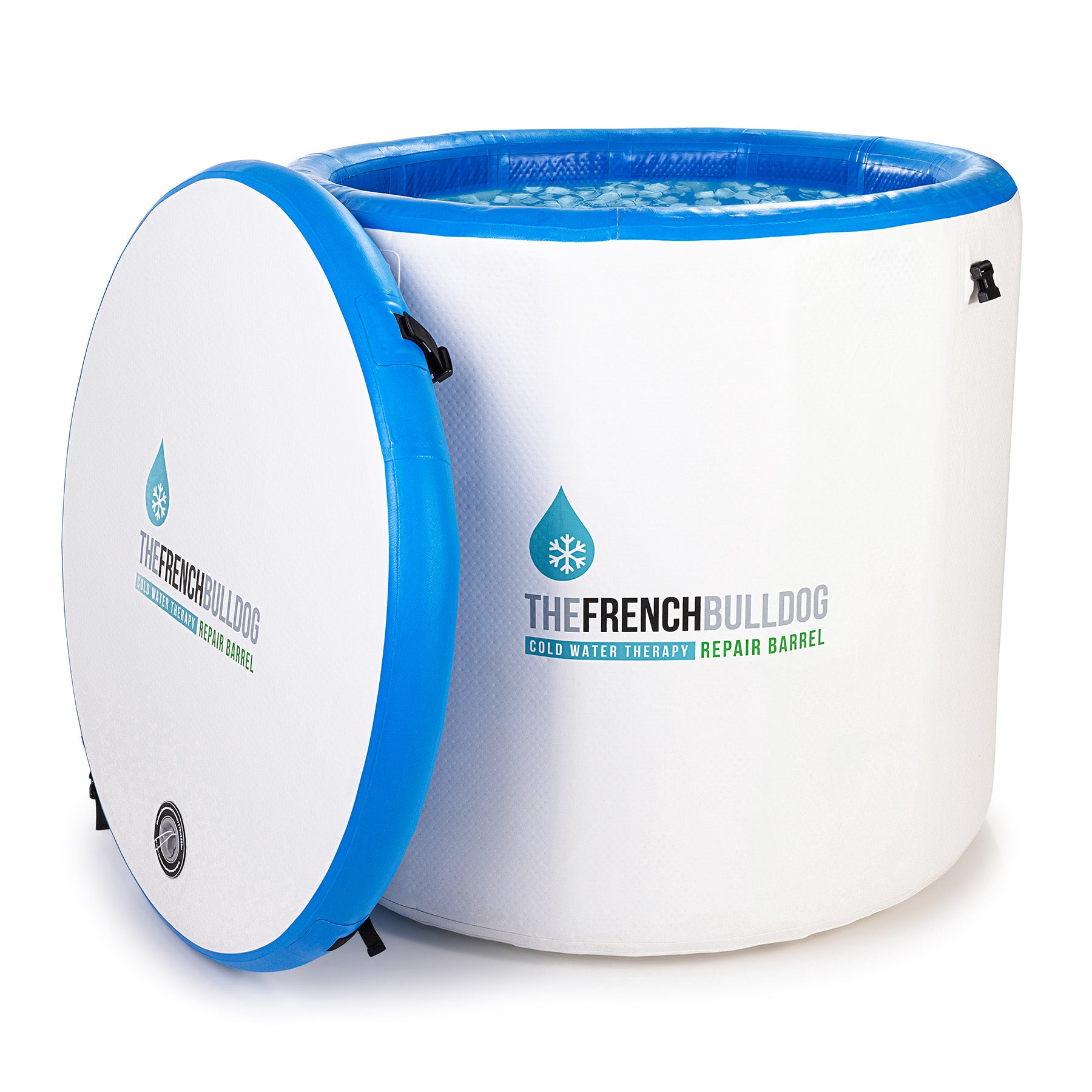 White barrel with blue rim and 'The French Bulldog' branding on a white background