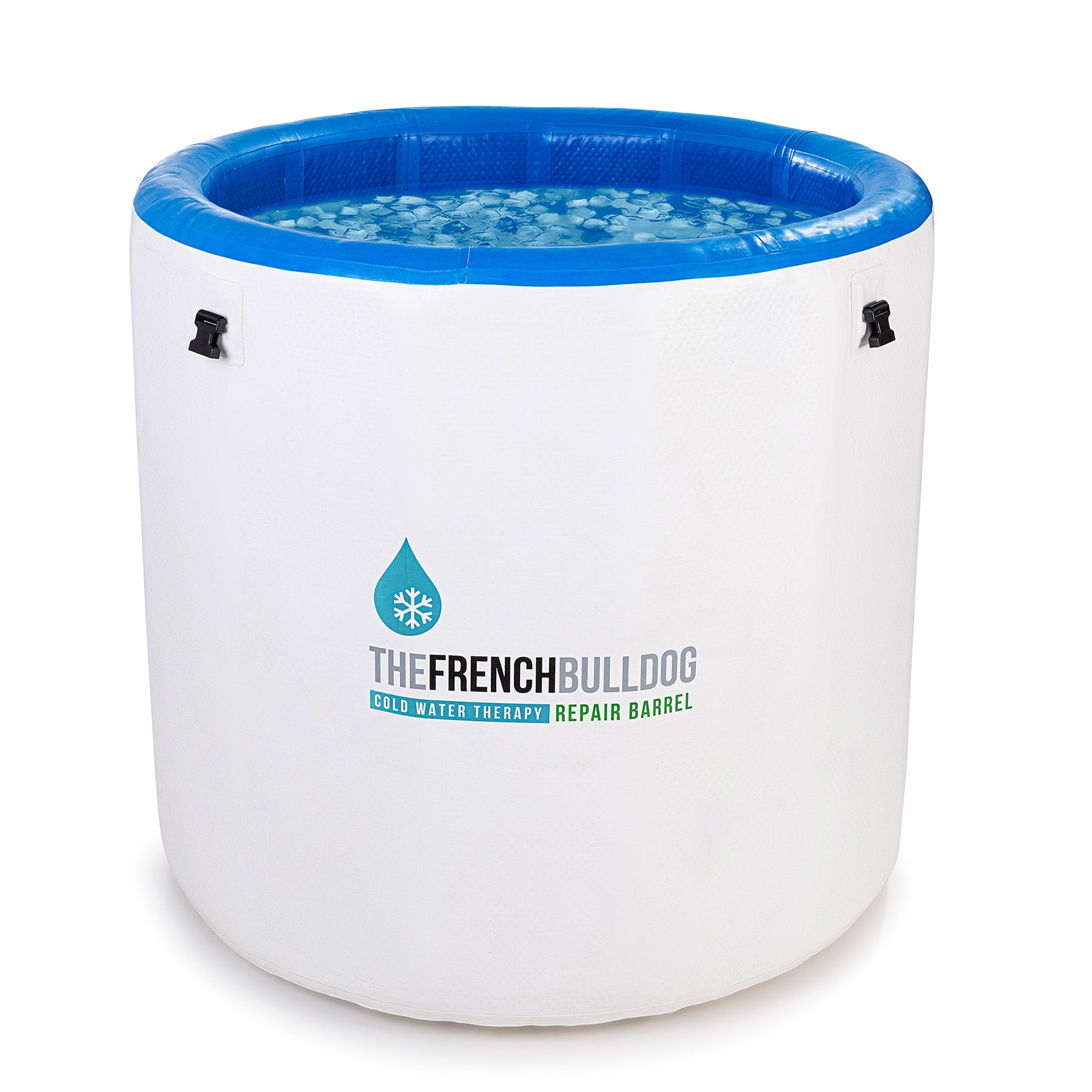 White cold water therapy barrel with blue interior, featuring 'The French Bulldog' brand.