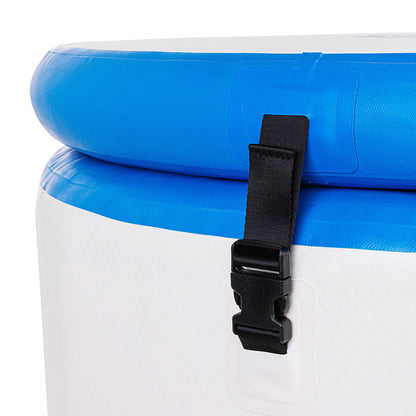 Blue and white cooler with a black strap and buckle on a white background