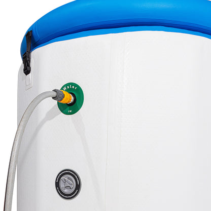 White water storage tank with blue lid and hose connection on a white background