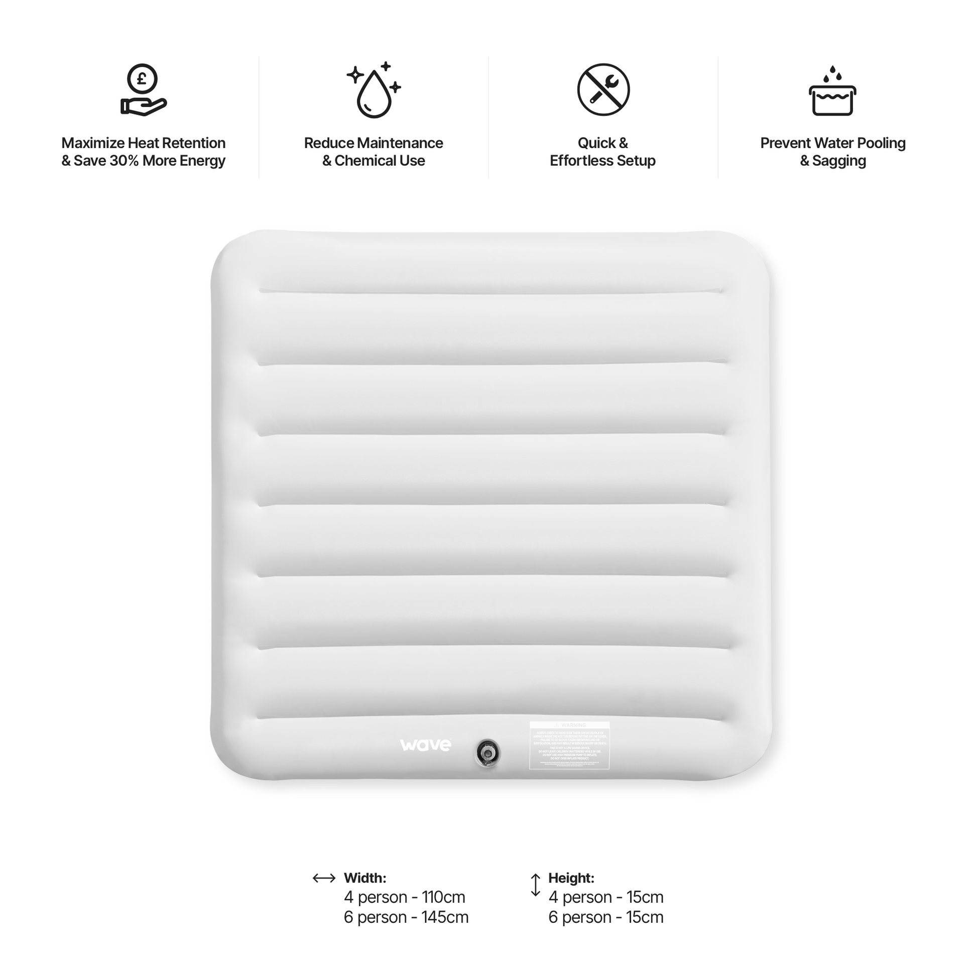 Inflatable mattress with features listed on a white background