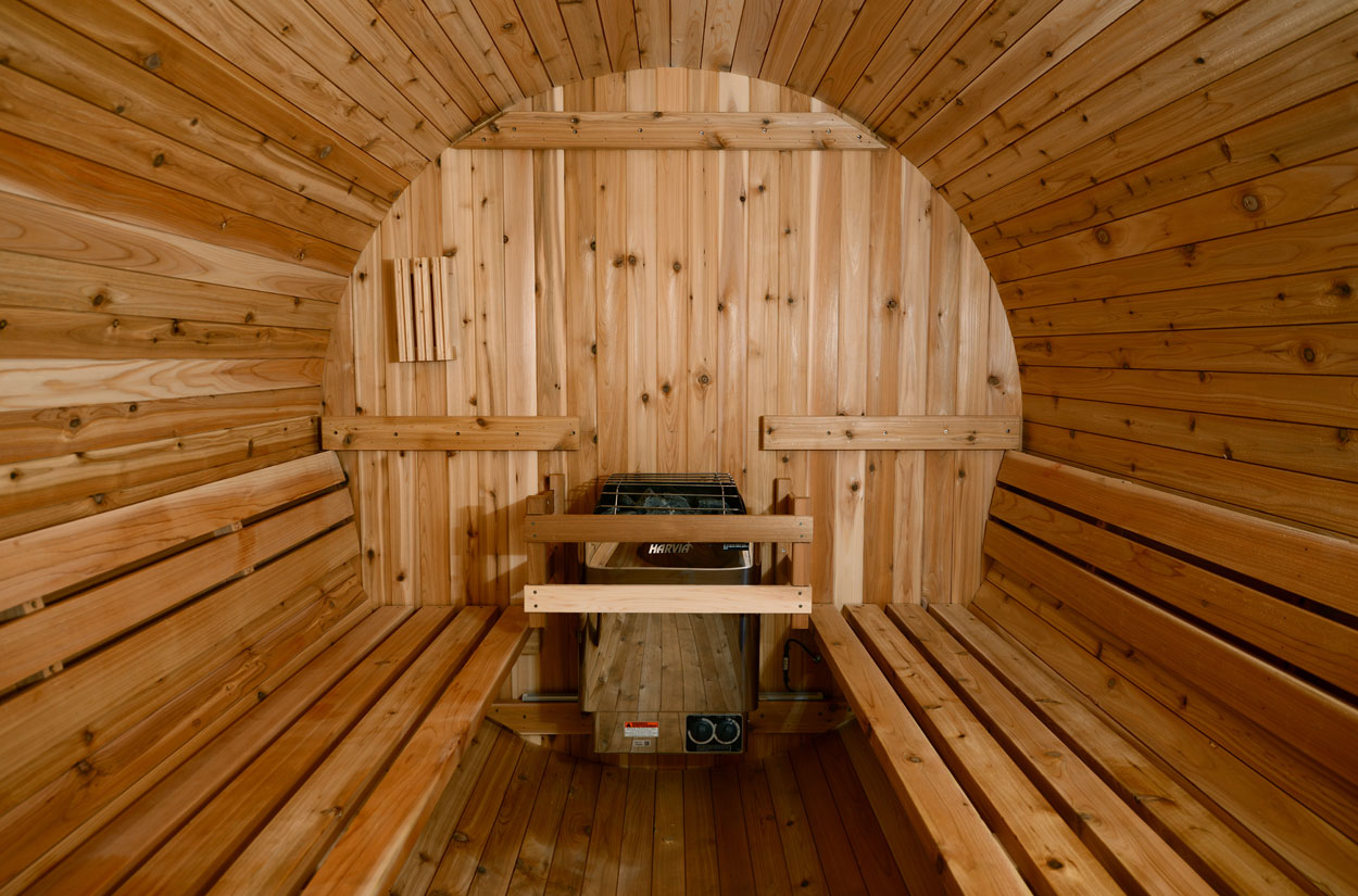 Princeton Wooden sauna with benches and a central control panel.