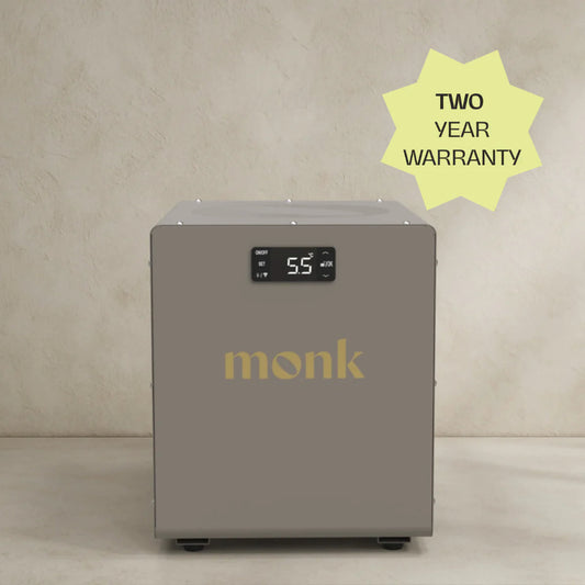 Monk Shiver on a beige background, featuring a 'Two Year Warranty' label.
