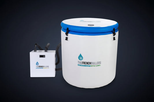 White repair barrel with blue lid and a power unit on a white background, branded 'The French Bulldog'.