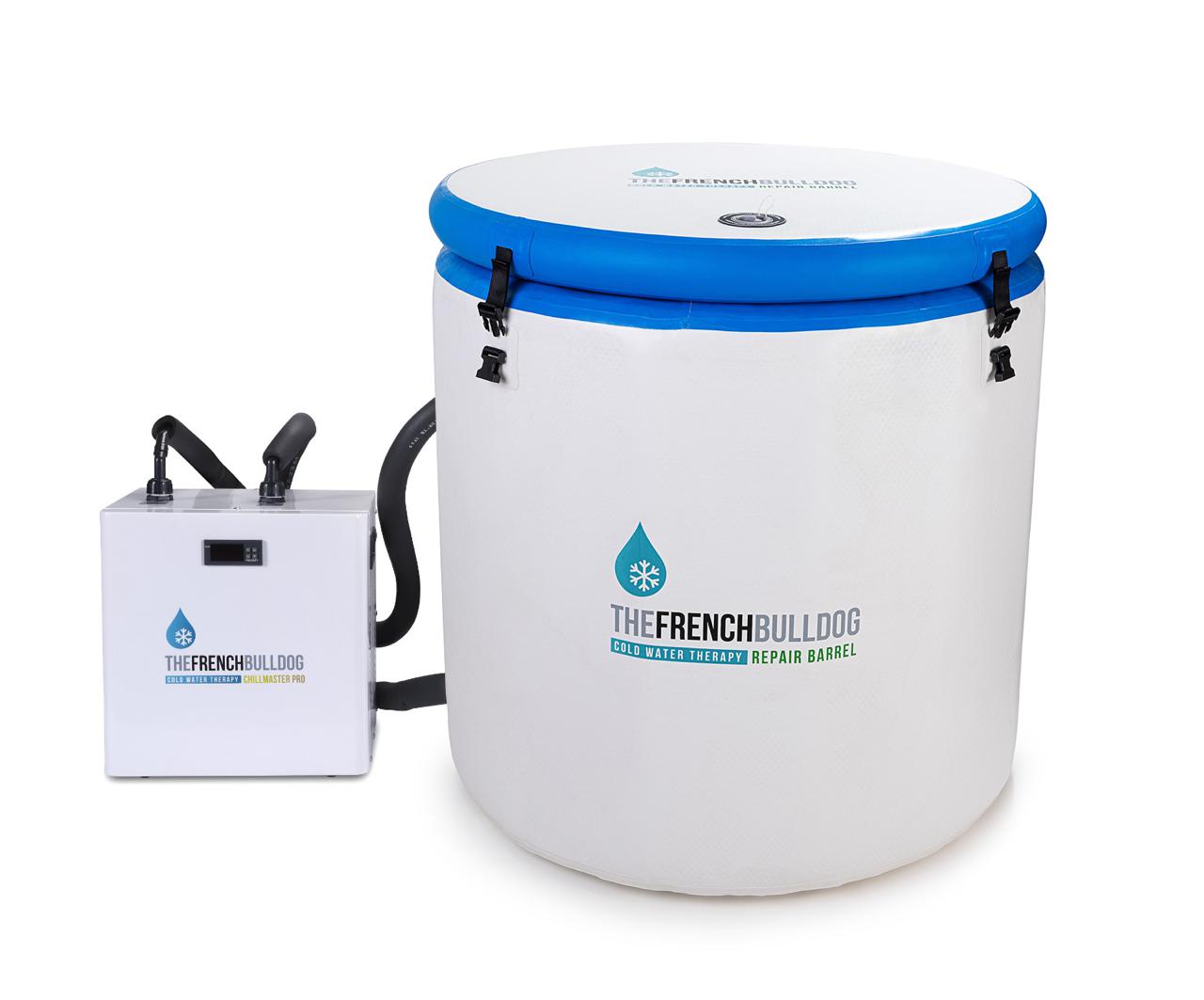 White barrel with blue lid and power station on a white background, featuring 'The French Bulldog' branding.