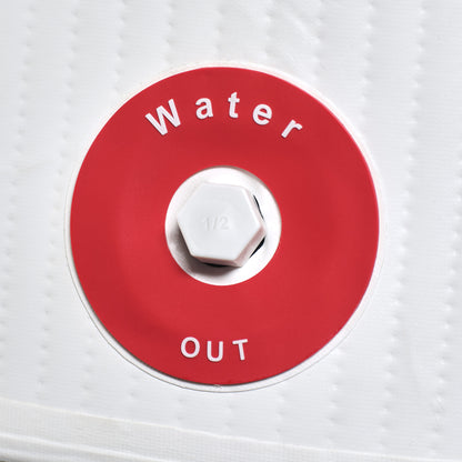 Red valve cover with 'Water Out' text on a white background